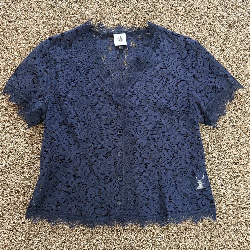 Cabi Navy Blue Lace Button Blouse Scalloped Edges‎ Romantic Sheer Top Sz Small